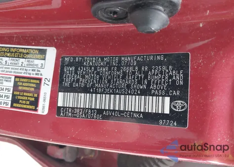 2010 Toyota Camry Le/Se/Xle z USA, uszkodzony, nr VIN 4T1BF3EK1AU524024